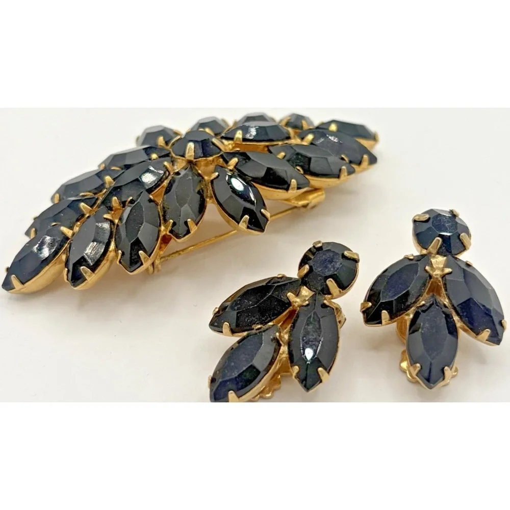 Vintage Black Navette Rhinestone Brooch Clip Earrings Set Gold Tone Mid Century